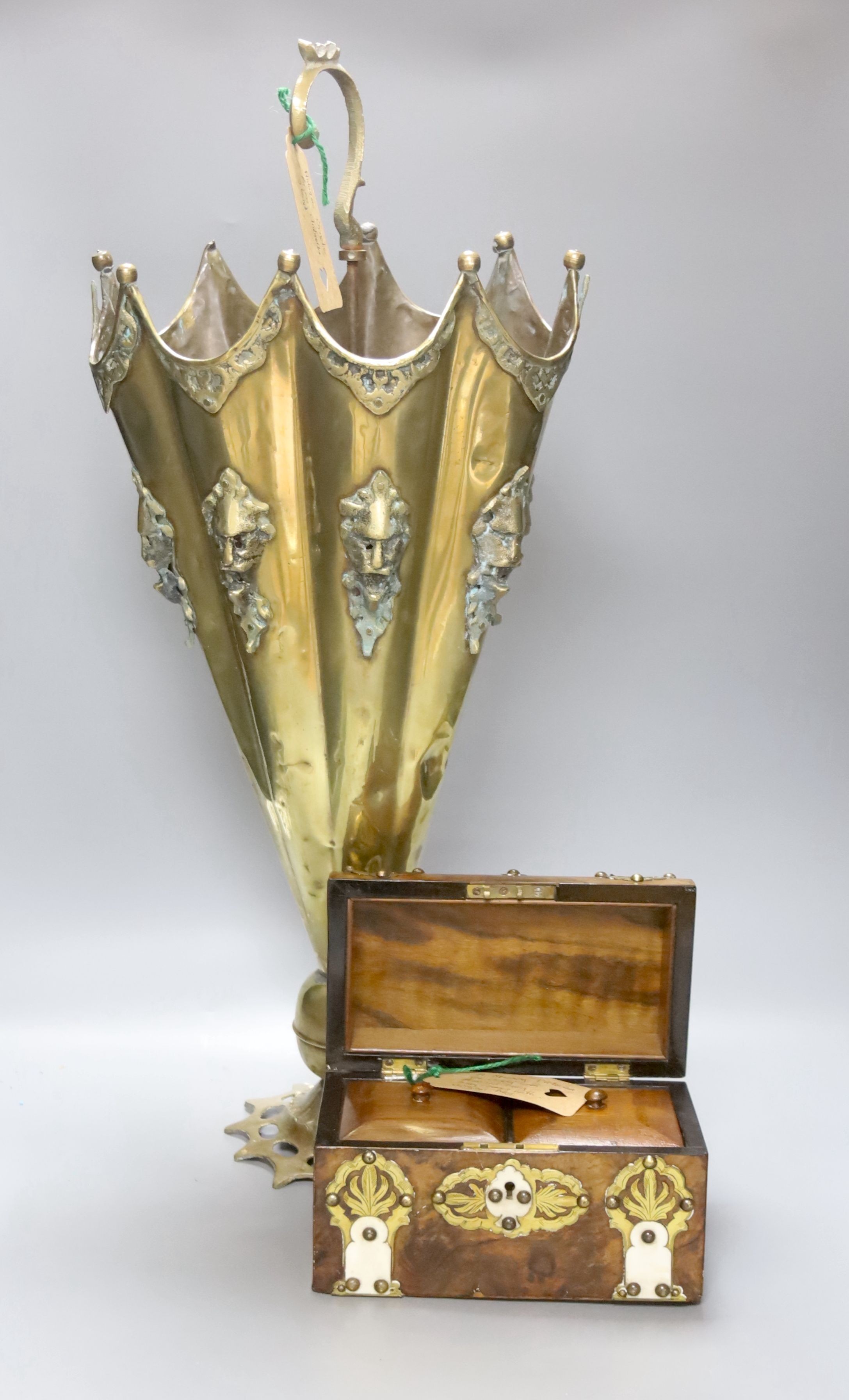 A Victorian brass mounted walnut tea caddy and a brass novelty stick stand, height 65cm